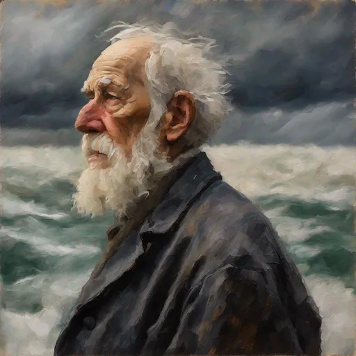 Prompt: Portrait of an old man standing, side view, looking out over an ocean with rough seas and ominous sky and clouds,very thick Impasto, impressionism