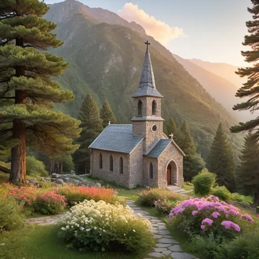 Prompt: realistic photograph, small 19th century stone church with grey tile roof in the mountains surrounded by lush flowers and large pine trees at sunrise.