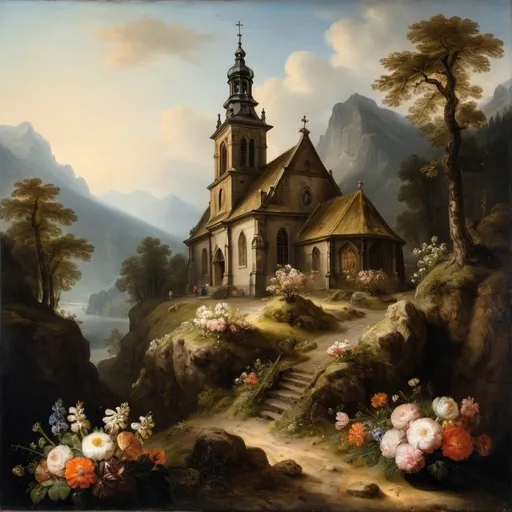 Prompt: Oil painting, Rembrandt, stone church in mountain setting surrounded by flowers in the Dutch golden age