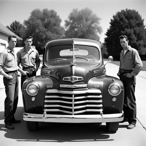 Prompt: Photo of 1949 dodge from the front, with hood open, and 4 men in their 20s in 1950s style jeans, looking at the engine, dramatic in the style of Dirk Braeckman, B&W.