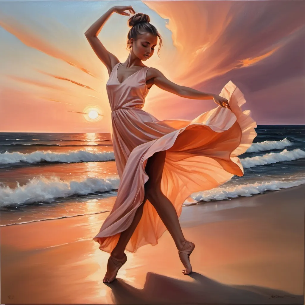 Prompt: oil painting of a girl dancing in front of a beautiful sunset, hair in a bun, wearing a long silky dress, peach color, doing a leg hold, extended, on the beach, the sun half set, 