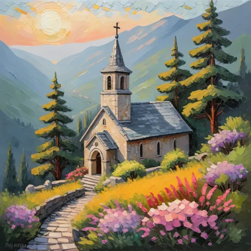 Prompt: Painting of a  small 19th century stone church with grey tile roof in the mountains surrounded by lush flowers and large pine trees at sunrise, in art style of palette knife impressionism.