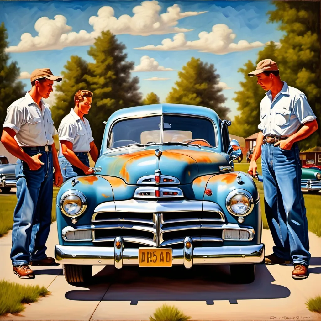 Prompt: 1949 dodge from the front, with hood open, and 4 men in their 20s in 1950s style jeans, looking at the engine, in the style of oil-paint impasto