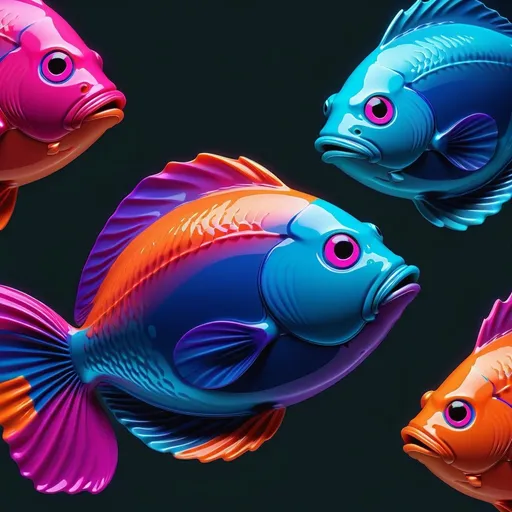Prompt: Create an image of shiny abstract flounders on a dark blue background. the fish should be in frame, not cut off. Highlight primary colors: cyan-leaning blue (#2697B5), vibrant orange (#FEC85B), and playful pink (#F03771). Incorporate secondary colors like corporate blue (#235FB3), neon cyan (#5FF5F3), and warmer red (#EF5B51). Accent with deep magenta (#C23066), serious navy blue (#0A235D), and night sky purple (#42276C). The image should be visually harmonious, covering the entire square frame. 