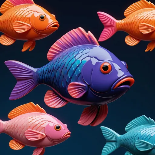 Prompt: Create a 3D image of different stylized, shiny fish. the fish should have a non-realistic appearance with exaggerated, cartoonish features, and a glossy, porcelain-like texture. the group of fish is set against a dark blue background. The color palette should be vibrant, with primary colors such as cyan-leaning blue (#2697B5), vibrant orange (#FEC85B), and playful pink (#F03771), and secondary colors including corporate blue (#235FB3), neon cyan (#5FF5F3), and warmer red (#EF5B51). Accents should include deep magenta (#C23066), serious navy blue (#0A235D), and night sky purple (#42276C). The composition should be visually harmonious with all fish displayed fully from head to tail in the image.