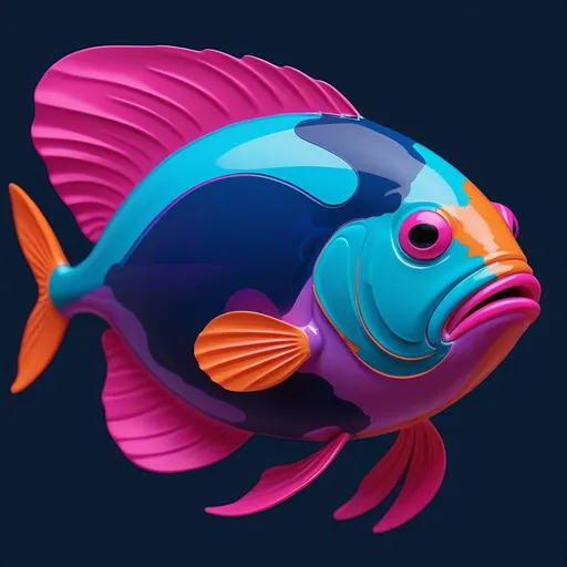 Prompt: Create an image of shiny abstract flounders on a dark blue background. Highlight primary colors: cyan-leaning blue (#2697B5), vibrant orange (#FEC85B), and playful pink (#F03771). Incorporate secondary colors like corporate blue (#235FB3), neon cyan (#5FF5F3), and warmer red (#EF5B51). Accent with deep magenta (#C23066), serious navy blue (#0A235D), and night sky purple (#42276C). The image should be visually harmonious, covering the entire square frame. the fish should be in frame, not cut off.