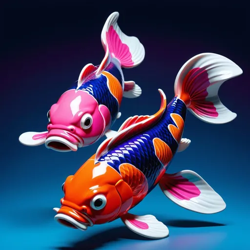 Prompt: 3d, abstract, non-realistic, shiny koi fish, exaggerated, grotesque, cartoonish features, glossy, porcelain-like texture. dark blue background. visually harmonious. shadow of the fish visible. primary colors: cyan-leaning blue (#2697B5) and playful pink (#F03771), vibrant orange (#FEC85B). secondary colors like corporate blue (#235FB3), neon cyan (#5FF5F3), and warmer red (#EF5B51). Accent with deep magenta (#C23066), serious navy blue (#0A235D) and night sky purple (#42276C). 