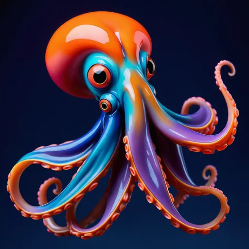 Prompt: Create an image of very abstract, non-realistic, shiny squid. the fish should have a strongly stylized appearance with exaggerated, cartoonish features, and a glossy, porcelain-like texture. the fish are set against a dark blue background. Highlight primary colors: vibrant orange (#FEC85B), cyan-leaning blue (#2697B5) and playful pink (#F03771). Incorporate secondary colors like corporate blue (#235FB3), neon cyan (#5FF5F3), and warmer red (#EF5B51). Accent with deep magenta (#C23066), serious navy blue (#0A235D) and night sky purple (#42276C). The composition should be visually harmonious with the fish displayed fully from head to tail in the image.