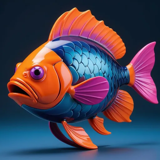 Prompt: Create a 3D image of different stylized, shiny fish. the fish should have a non-realistic appearance with exaggerated, cartoonish features, and a glossy, porcelain-like texture. the group of fish is set against a dark blue background. The color palette should be vibrant, with primary colors such as cyan-leaning blue (#2697B5), vibrant orange (#FEC85B), and playful pink (#F03771), and secondary colors including corporate blue (#235FB3), neon cyan (#5FF5F3), and warmer red (#EF5B51). Accents should include deep magenta (#C23066), serious navy blue (#0A235D), and night sky purple (#42276C). The composition should be visually harmonious with all fish displayed fully from head to tail in the image.