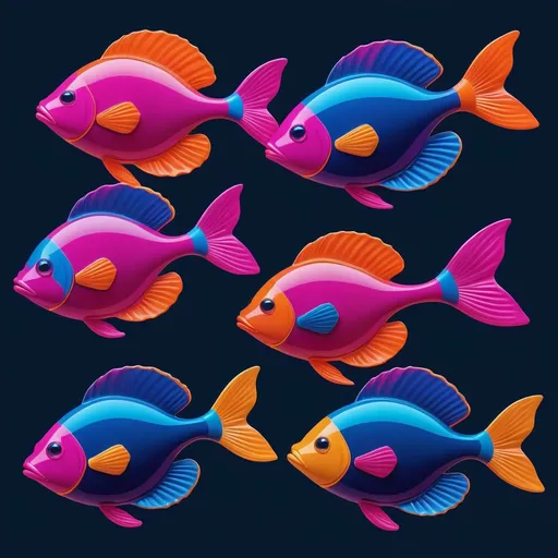 Prompt: Create an image of shiny abstract flounders on a dark blue background. Highlight primary colors: cyan-leaning blue (#2697B5), vibrant orange (#FEC85B), and playful pink (#F03771). Incorporate secondary colors like corporate blue (#235FB3), neon cyan (#5FF5F3), and warmer red (#EF5B51). Accent with deep magenta (#C23066), serious navy blue (#0A235D), and night sky purple (#42276C). The image should be visually harmonious, covering the entire square frame. the fish should be in frame, not cut off.