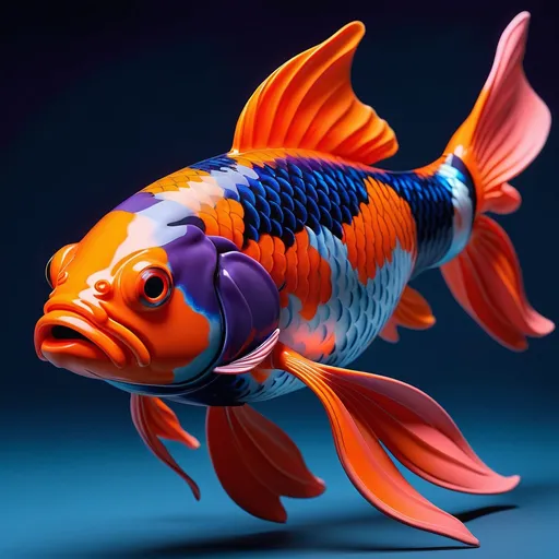 Prompt: 3d image, abstract, non-realistic, shiny koi fish with exaggerated, cartoonish features, and a glossy, porcelain-like texture. dark blue background. visually harmonious, fish displayed fully from head to tail in the image. the view should come slightly from the top, a shadow of the fish should appear on the background. primary colors: vibrant orange (#FEC85B), cyan-leaning blue (#2697B5) and playful pink (#F03771). secondary colors like corporate blue (#235FB3), neon cyan (#5FF5F3), and warmer red (#EF5B51). Accent with deep magenta (#C23066), serious navy blue (#0A235D) and night sky purple (#42276C). 