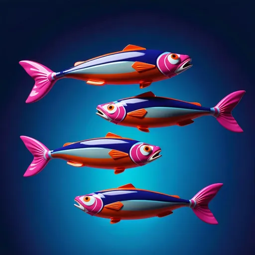 Prompt: 3d image, abstract, non-realistic, five shiny swimming sardines on dark blue background with exaggerated, cartoonish features, and a glossy, porcelain-like texture. fish displayed fully from head to tail in the image. visually harmonious. shadow of the fish visible. primary colors: cyan-leaning blue (#2697B5) and playful pink (#F03771). secondary colors: corporate blue (#235FB3), neon cyan (#5FF5F3), vibrant orange (#FEC85B and warmer red (#EF5B51). Accent with deep magenta (#C23066), serious navy blue (#0A235D) and night sky purple (#42276C). uhd