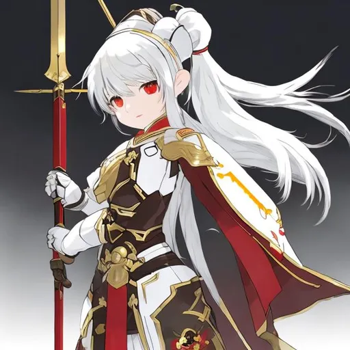 Prompt: quality, white hair, loli, japanese animation, with a chinese lance in hand, wearing chinese warrior clothes, 