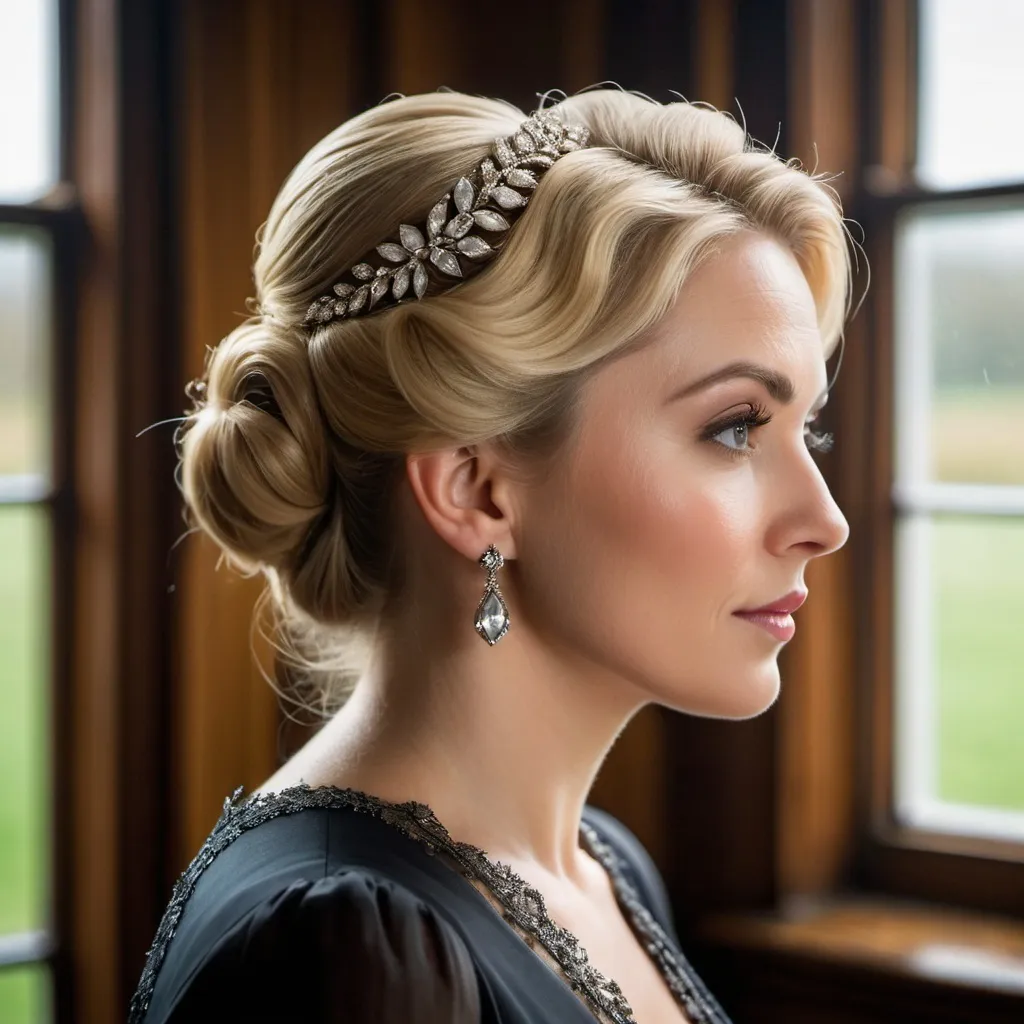 Prompt: Tall, buxom white woman in profile view, intricate diamond-shaped face, grey eyes, downturned nose, blonde hair, 1900's hairstyles updo, low cut formal dress, 8k photo, high detail, realistic, modern, detailed features, sophisticated lighting, cool tones, professional, elegant, in old Manor House, tall windows, looking out on rainy day, sad, grey skies, english countryside