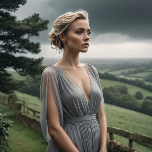 Prompt: hyperrealism portrait of a thin build woman standing on hill in english countryside by trees.ethereal essence, highres, seamless fusion, detailed, heavy rain, grey skies, professional, enigmatic, romantic, vintage camera, hyperrealistic, ethereal tones, detailed composition, captivating, artistic, high quality, setting, blonde headed woman, long thin nose .sad,  long thin face, angled eyebrows, see through dress,  hair pinned up, heavy rain, full body view