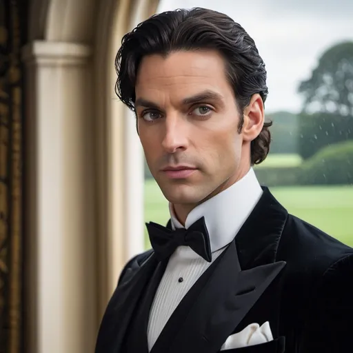 Prompt: Tall, white man  diamond-shaped eyes, pale grey eyes, very handsome, prince, very hot,downturned nose, long thin nose, tip of nose lower that nostrils, long narrow nose, sad, frowning, lips parted, upset, average width face, slightly wider jawline, dark hair, formal dinner tux ,  black tux jacket,tall man,mid  30 years old,  8k photo, high detail, realistic,  very concerned,, modern, detailed features, sophisticated lighting, cool tones, professional, elegant, in old Manor House, standing by tall windows, looking out on rainy day,, grey skies, english countryside, very concerned, clean shaven