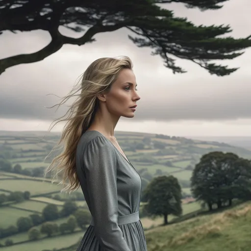 Prompt: hyperrealism portrait of a thin build woman standing on hill in english countryside by trees.ethereal essence, highres, seamless fusion, detailed, heavy rain, grey skies, professional, enigmatic, romantic, vintage camera, hyperrealistic, ethereal tones, detailed composition, captivating, artistic, high quality, setting, blonde headed woman, long thin nose .long slender face, sad, slim dress