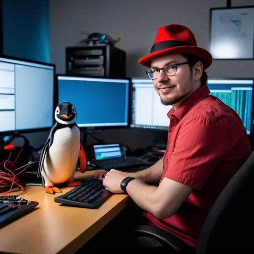 Prompt: Linux server administrator, Peter, sporting a striking red fedora, sitting at a dual-monitor workstation surrounded by cables and tech gadgets, attentive expression while analyzing code, his cheerful pet penguin perched nearby playfully interacting, vibrant colors, warm lighting, techy and modern workspace ambiance, ultra-detailed and professional look.