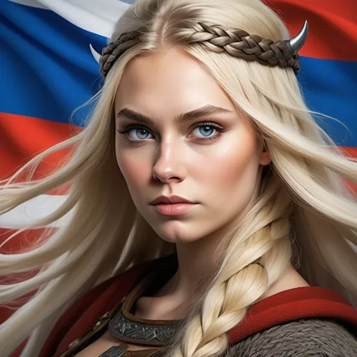 Prompt: create viking woman blond hairs with Russian flag in back wiev 