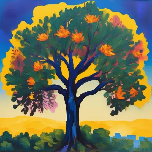 Prompt: A painting of a tree with dark green leaves and strong branches carrying eleven bright flowers, in the style of fauvism, bright colors expressive brushstrokes, backdrop soft yellow blue gradient, a skyline of smaller trees in the background