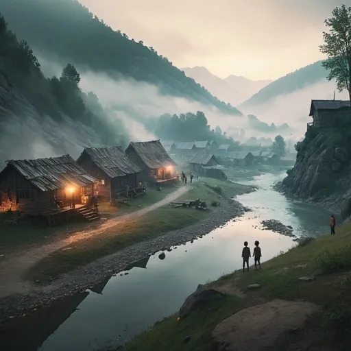 Prompt:  small settlement, foggy, mountain  and river, dramatic fantasy settlement scene, cinematic lighting with teenage boys  around the place and enjoying them
