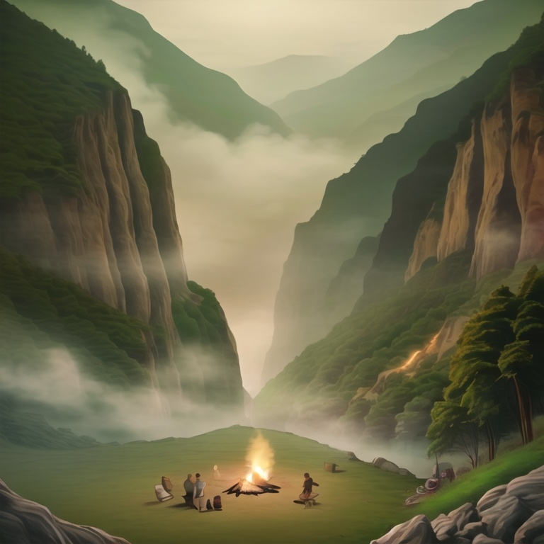 Prompt:  small camp, foggy, mountain  and river, dramatic fantasy settlement scene, cinematic lighting with teenage boys  around the place and enjoying them
