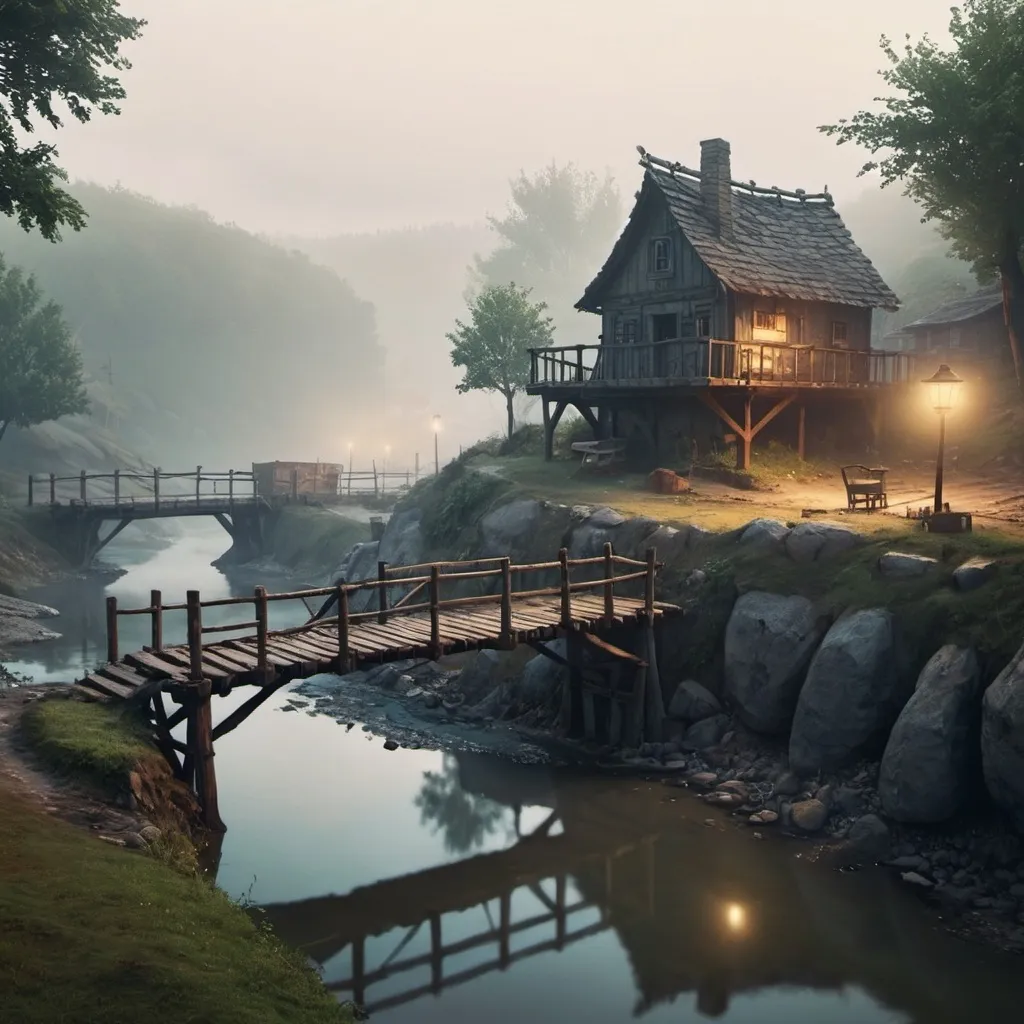 Prompt: small settlement, foggy, bridge and river, dramatic fantasy settlement scene, cinematic lighting