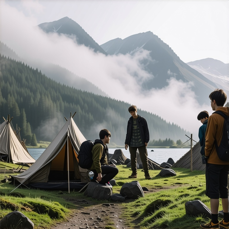 Prompt:  small camp, foggy, mountain  and river, dramatic fantasy settlement scene, cinematic lighting with teenage boys  around the place and enjoying them
