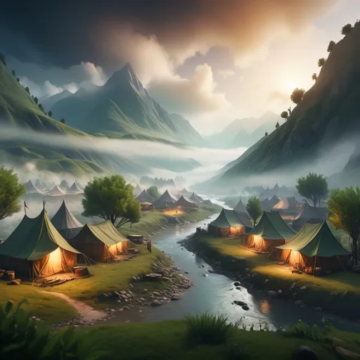 Prompt: small camp, and greenery foggy, mountains  and river, vibrant sky dramatic fantasy settlement scene, cinematic lighting and wide aspect