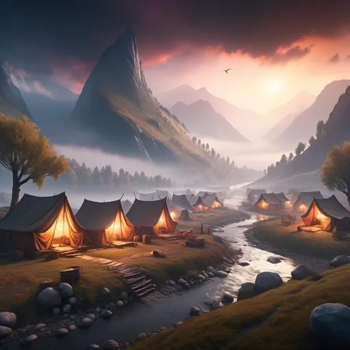 Prompt: small camp, foggy, mountains  and river, vibrant sky dramatic fantasy settlement scene, cinematic lighting and wide aspect