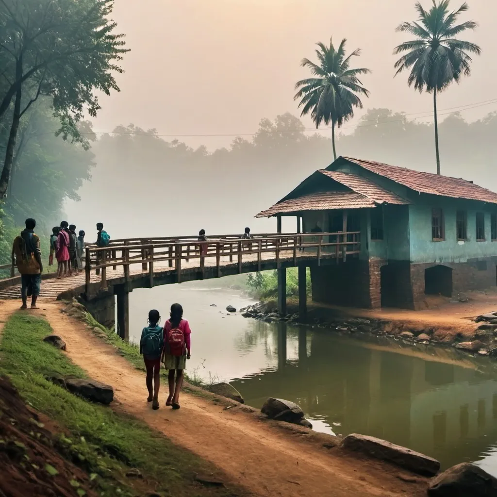 Prompt: place like kerala.. small settlement, foggy, bridge and river, dramatic fantasy settlement scene, cinematic lighting with school students around the place and enjoying 
