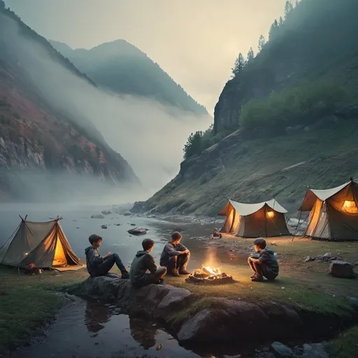 Prompt:  small camp, foggy, mountain  and river, dramatic fantasy settlement scene, cinematic lighting with teenage boys  around the place and enjoying them
