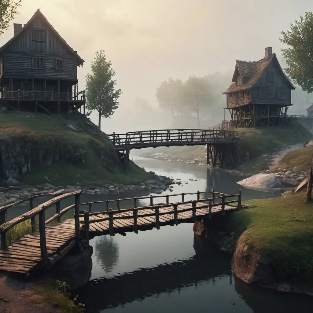 Prompt: small settlement, foggy, bridge and river, dramatic fantasy settlement scene, cinematic lighting