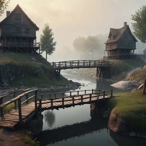 Prompt: small settlement, foggy, bridge and river, dramatic fantasy settlement scene, cinematic lighting