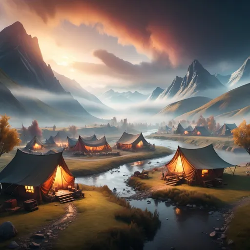 Prompt: small camp, foggy, mountains  and river, vibrant sky dramatic fantasy settlement scene, cinematic lighting and wide aspect