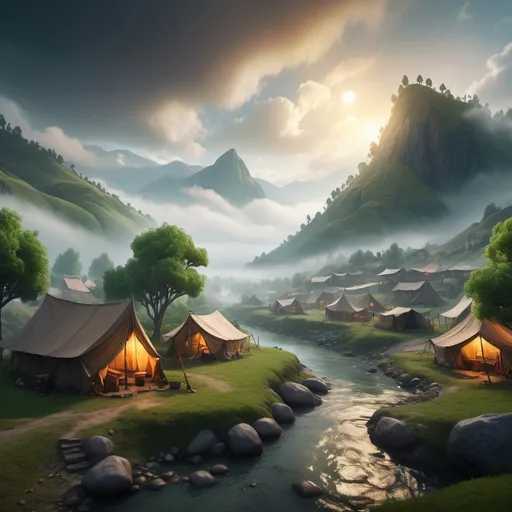 Prompt: small camp, and greenery foggy, mountains  and river, vibrant sky dramatic fantasy settlement scene, cinematic lighting and wide aspect