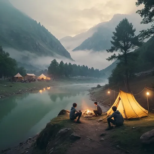 Prompt:  small camp, foggy, mountain  and river, dramatic fantasy settlement scene, cinematic lighting with teenage boys  around the place and enjoying them
