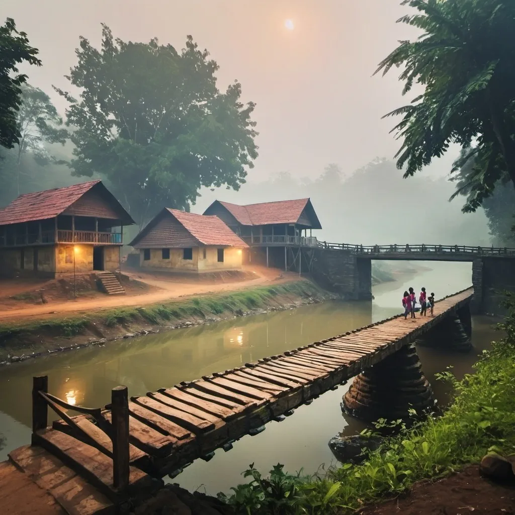 Prompt: place like kerala.. small settlement, foggy, bridge and river, dramatic fantasy settlement scene, cinematic lighting with school students around the place and enjoying 
