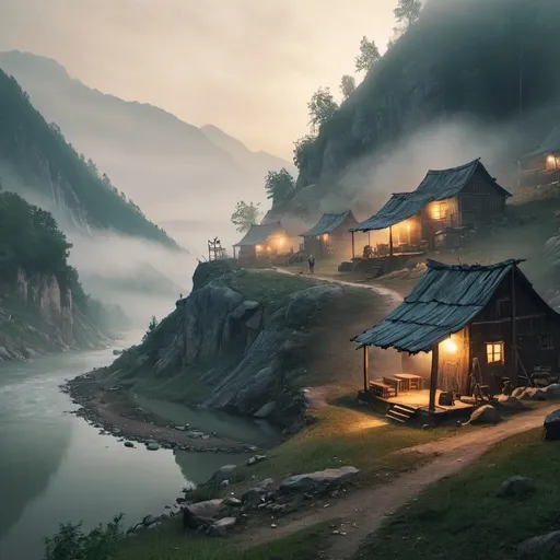 Prompt:  small settlement, foggy, mountain  and river, dramatic fantasy settlement scene, cinematic lighting with teenage boys  around the place and enjoying them
