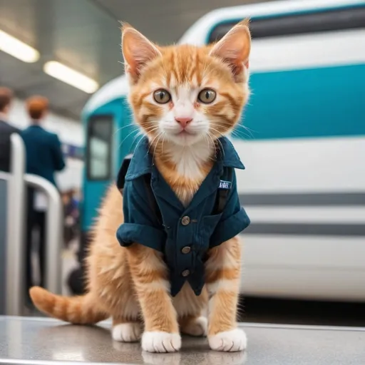 Prompt: "A cute, skinny ginger kitten wearing travel clothes standing at the terminal bus