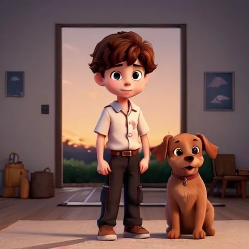 Prompt: boy with dog in sunset 