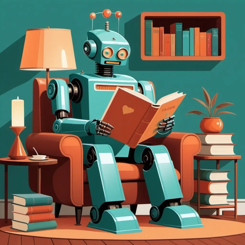 Prompt: Imagine prompt:STYLE: flat vector illustration\ SUBJECT: retro vintage robot reading a book\ AESTHETIC: retro vintage mid century illustrations COLOR PALETTE: teal, sienna, jewel tones n