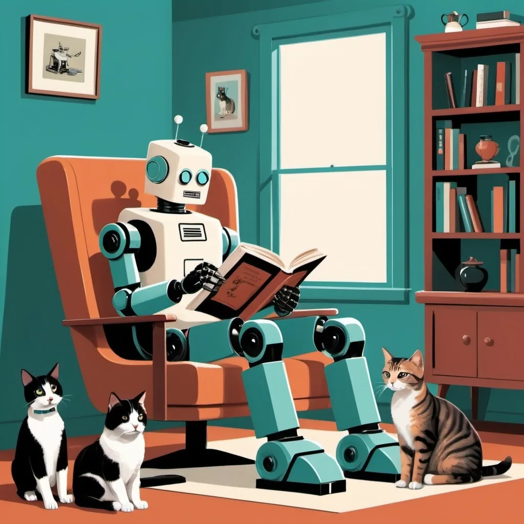 Prompt: Imagine prompt:STYLE: flat vector illustration\ SUBJECT: retro vintage robot reading a book with a black and white dog and a tabby cat\ AESTHETIC: retro vintage mid century illustrations COLOR PALETTE: teal, sienna, jewel tones 