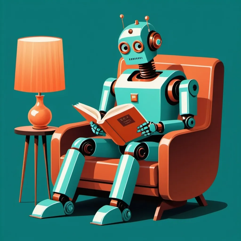 Prompt: Imagine prompt:STYLE: flat vector illustration\ SUBJECT: retro vintage robot reading a book\ AESTHETIC: retro vintage mid century illustrations COLOR PALETTE: teal, sienna, jewel tones n