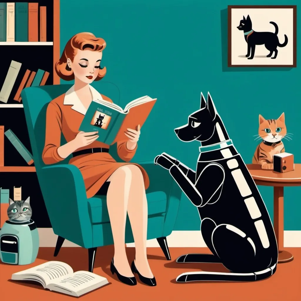 Prompt: Imagine prompt:STYLE: flat vector illustration\ SUBJECT: retro vintage robot reading a book with a black and white dog and a tabby cat\ AESTHETIC: retro vintage mid century illustrations COLOR PALETTE: teal, sienna, jewel tones 