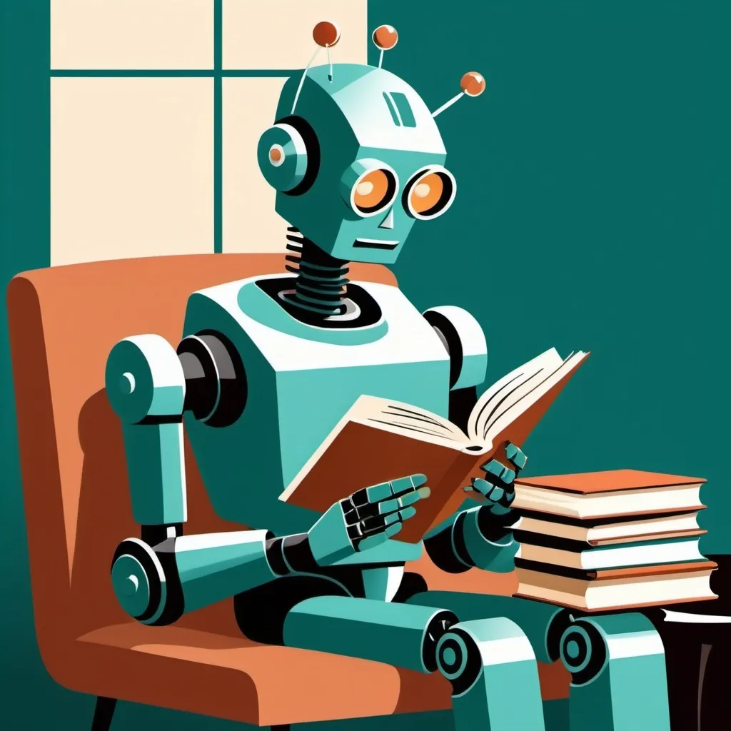 Prompt: Imagine prompt:STYLE: flat vector illustration\ SUBJECT: retro vintage robot reading a book\ AESTHETIC: retro vintage mid century illustrations COLOR PALETTE: teal, sienna, jewel tones n