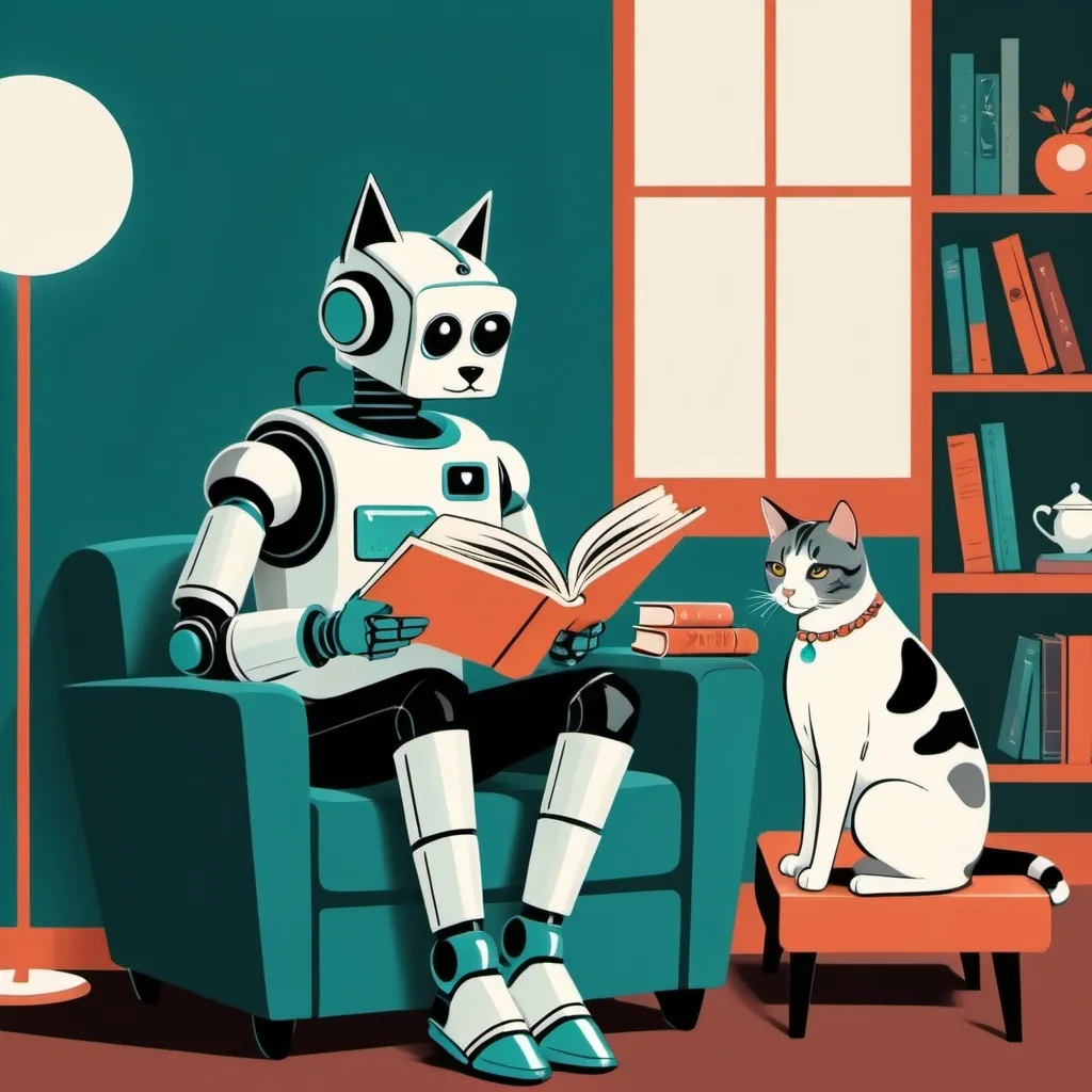 Prompt: Imagine prompt:STYLE: flat vector illustration\ SUBJECT: retro vintage robot reading a book with a black and white dog and a tabby cat\ AESTHETIC: retro vintage mid century illustrations COLOR PALETTE: teal, sienna, jewel tones 