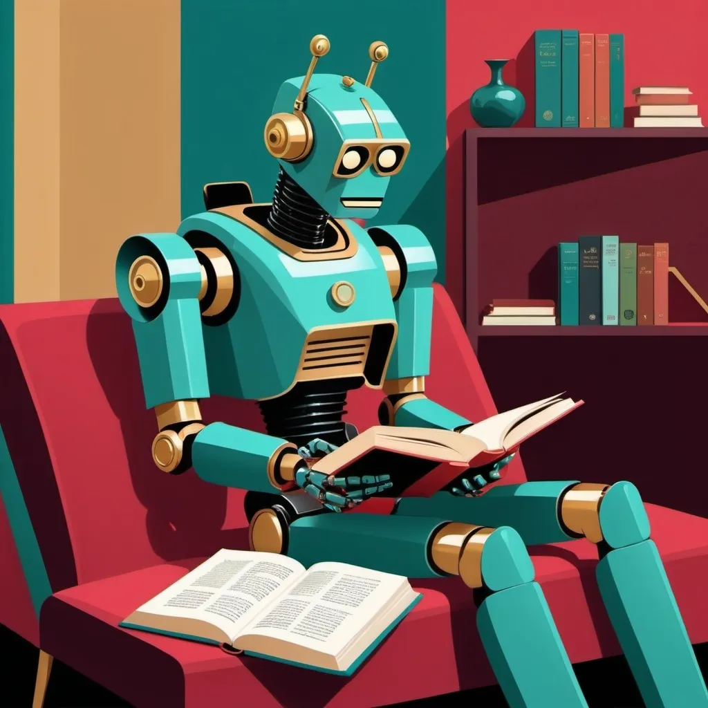 Prompt: Imagine prompt: STYLE: flat vector illustration\ SUBJECT: retro vintage robot reading a book with a black and white dog nearby\ AESTHETIC: modern art COLOR PALETTE: teal, Siena, gold, green, ruby, jewel tones 