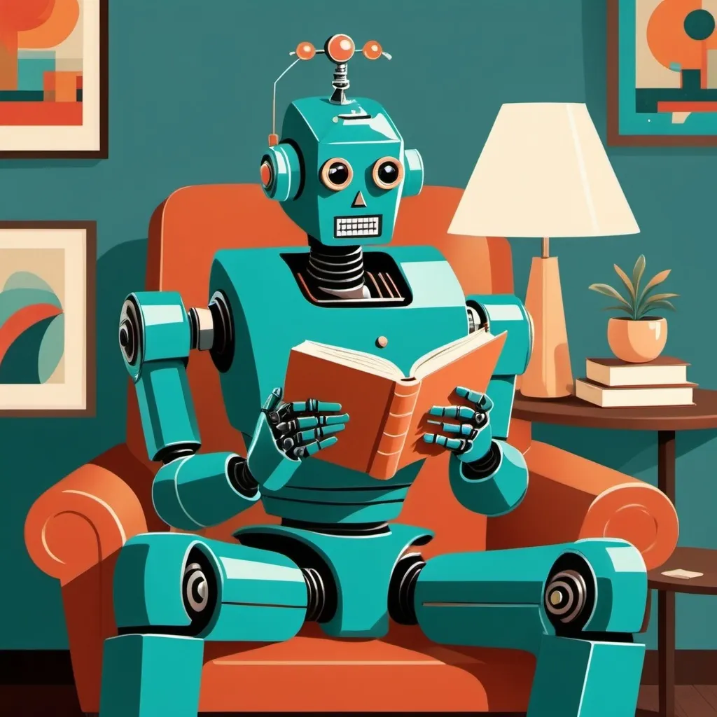 Prompt: Imagine prompt:STYLE: flat vector illustration\ SUBJECT: retro vintage robot reading a book\ AESTHETIC: retro vintage mid century illustrations COLOR PALETTE: teal, sienna, jewel tones n