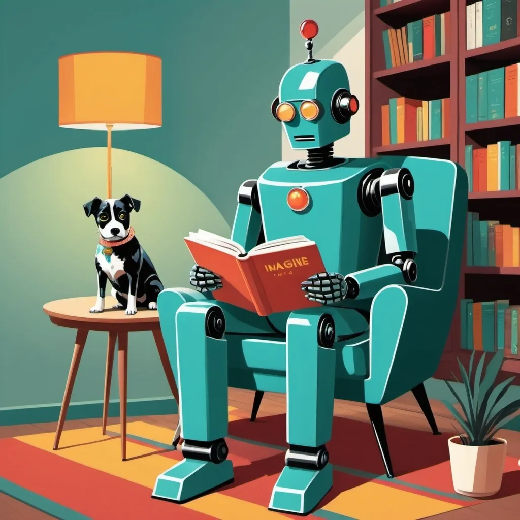 Prompt: Imagine prompt: STYLE: flat vector illustration\ SUBJECT: retro vintage robot reading a book with a black and white dog nearby\ AESTHETIC: retro vintage mid century illustrations COLOR PALETTE: teal, Siena, Marigold, green, ruby, jewel tones 